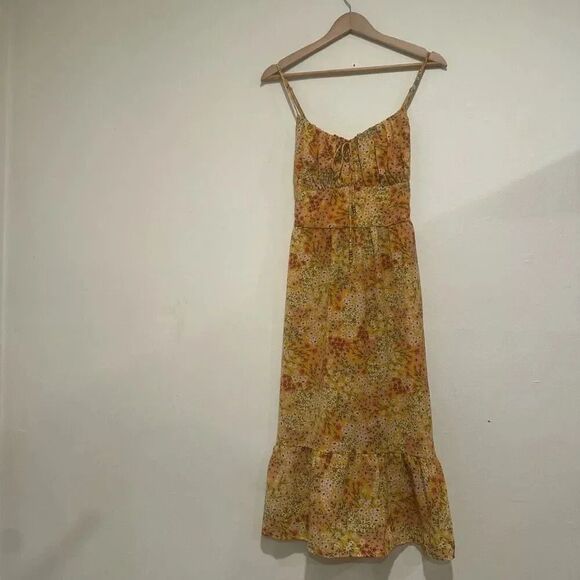 BCBG Paris MilkMaid Baby Doll Dress Midi Mustard Floral Size Medium - Picture 2 of 5